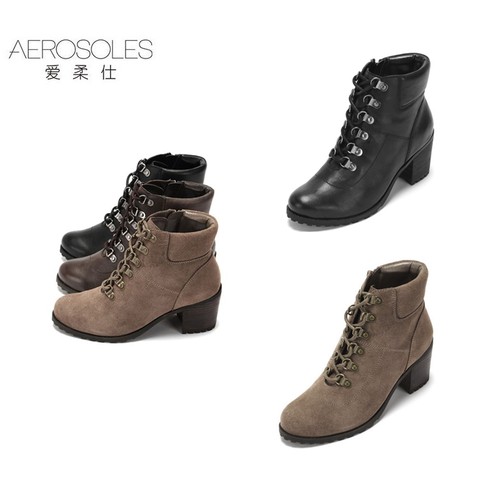 爱柔仕短靴马丁靴牛皮粗跟