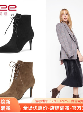 Aee/爱意短靴女复古系带高跟1618505036侧拉链细跟时装靴羊皮绒面