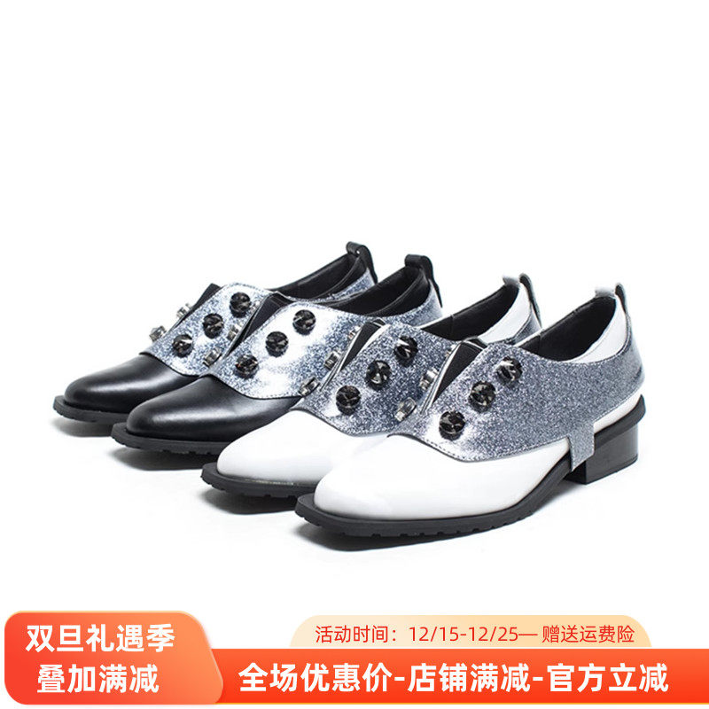 house of avenues撤/柜牛皮粗跟两穿英伦风帅气女单鞋1815404004