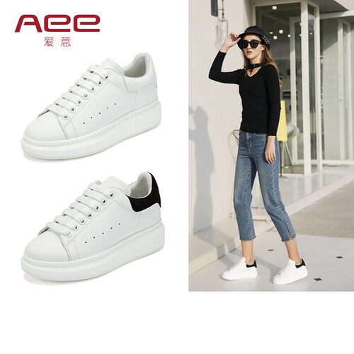aee/爱意女鞋牛皮厚底低跟系带