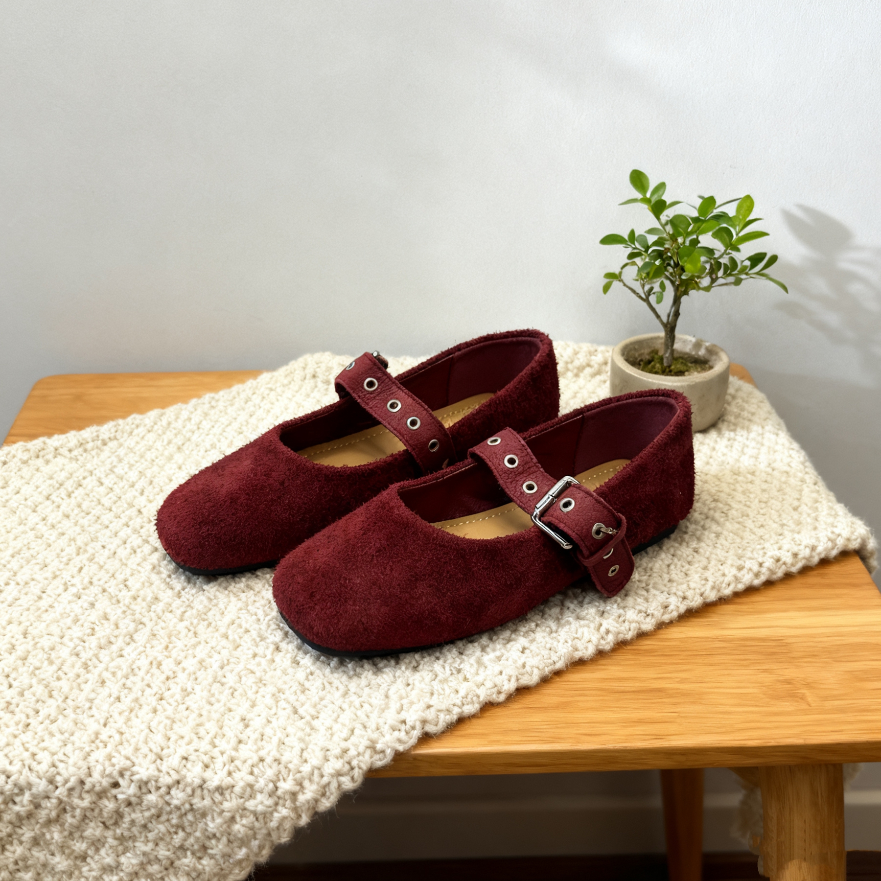 红色牛反绒皮玛丽珍鞋女一字扣带