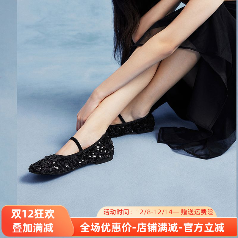 2025女豆豆鞋圆头繁花亮片3078-1舒适平底玛丽珍鞋单鞋浅口