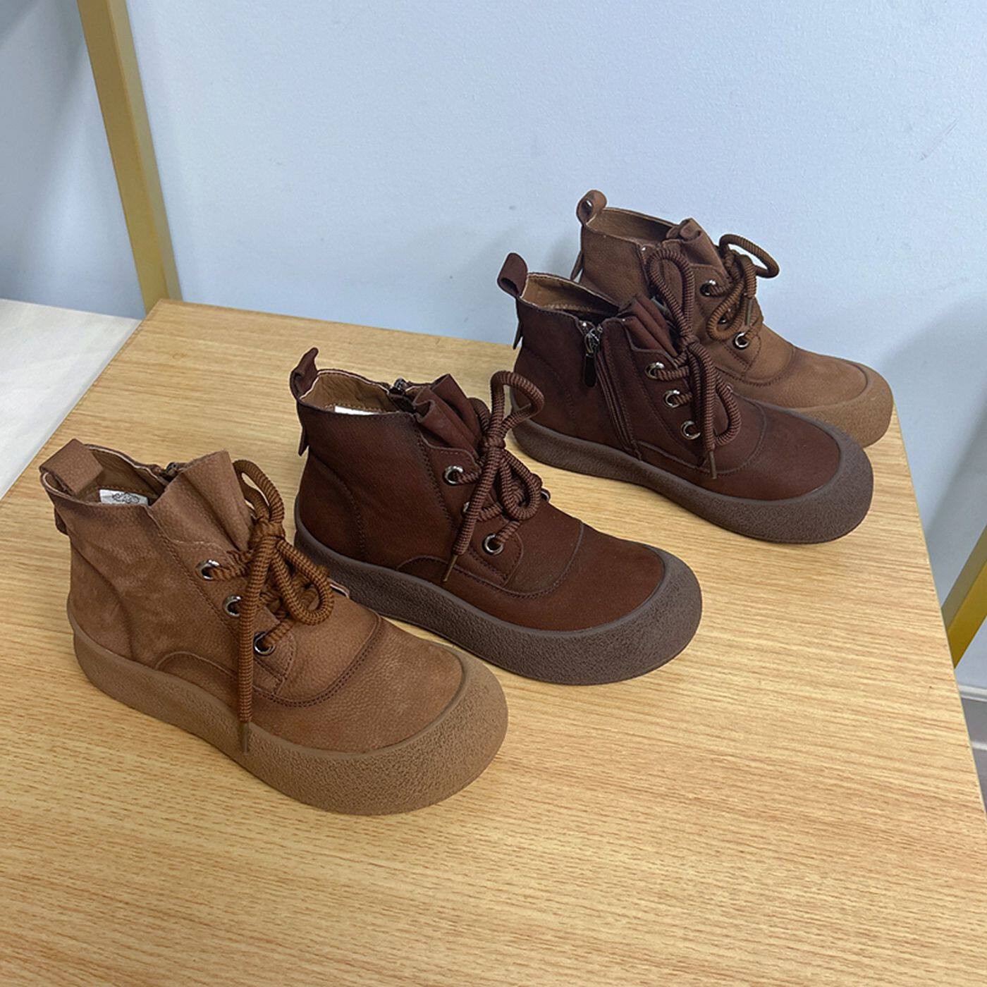 女鞋秋冬牛皮短靴侧拉链软底舒适平底马丁靴复古