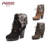 Aee 爱意粗跟高跟靴子前系带圆头女短靴240510005
