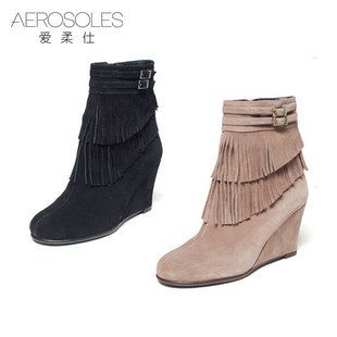 Aerosoles 爱柔仕靴子牛皮坡跟圆头流苏短靴女拉链1915605048