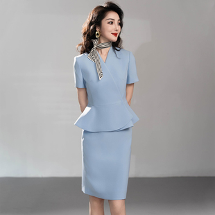 蓝色短袖西装套裙职业装正装夏季气质前台高端医美咨询师工作服女