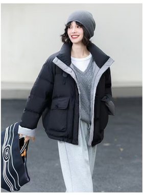 纯色时尚通勤保暖羽绒棉2025冬新款宽松百搭立领羽绒棉服外套女装