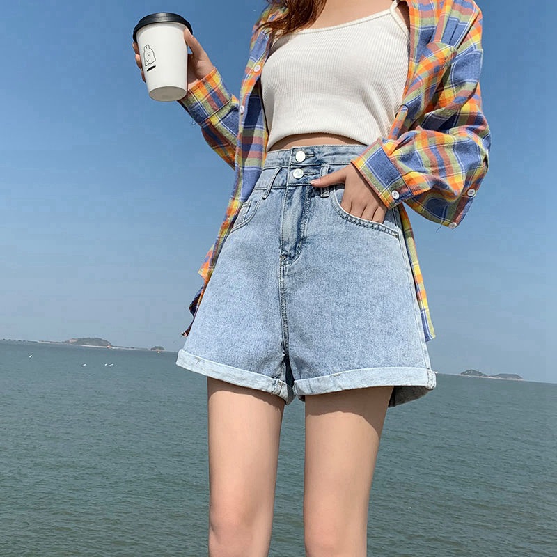 夏2021新款牛仔短裤女宽松高腰韩版百搭显瘦卷边阔腿a字热裤潮ins