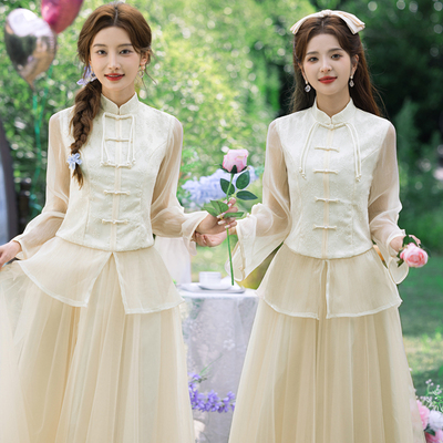 伴娘服2025新款中式姐妹团礼服裙女小个子高级感长袖显瘦平时可穿