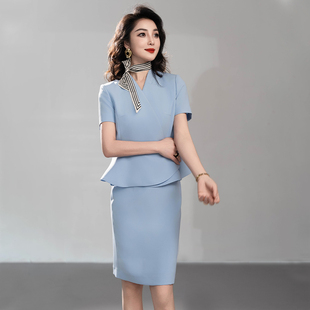 职业装正装夏季气质前台高端医美咨询师工作服女蓝色短袖西装套裙