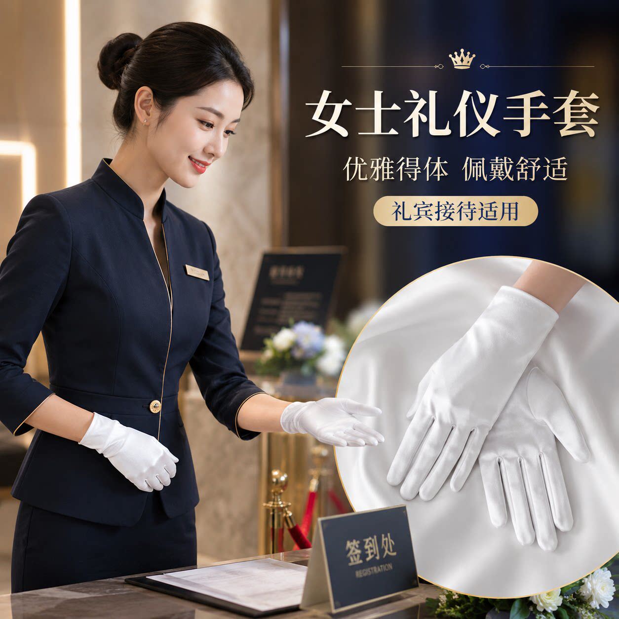 珠宝店导购钻石手表拍照高档缎面婚庆黑白薄款礼仪奢侈品展示手套