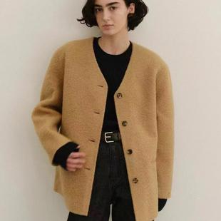 正品现货冬季韩国东大门feb11羊驼绒亲肤毛呢羊绒V领大衣外套