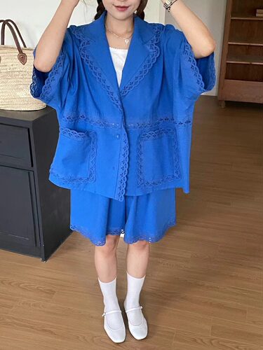 正品现货韩国东大门VENTI蕾丝边宽松防晒衬衣外套短袖上衣短裤