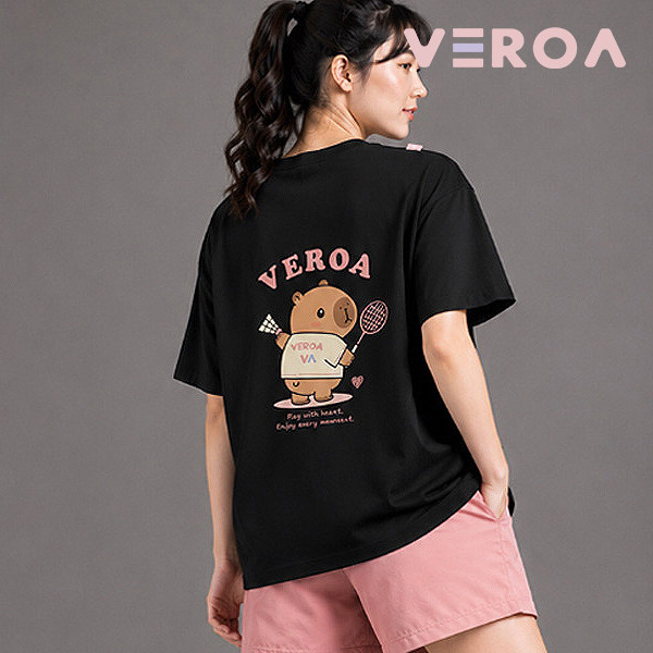 韩国2026秋冬VEROA新品羽毛球服短袖男女同款运动装速干T恤黑白19