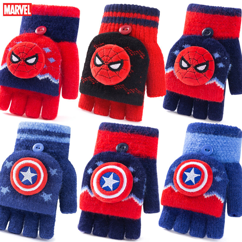 蜘蛛侠儿童手套男冬季男孩半指秋冬男童手套冬保暖小孩五指冬天