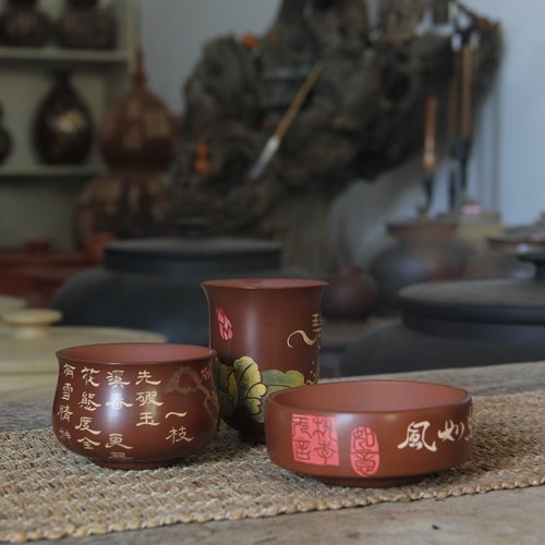 建水紫陶原矿红泥阴刻阳填主人杯