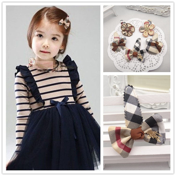 韩版外贸宝宝发饰品经典格子发夹BB夹英伦小熊蝴蝶结花朵边夹