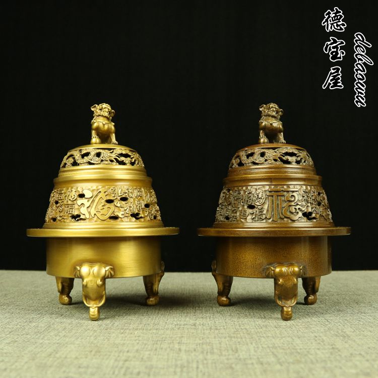 纯铜三足象腿百福狮子熏香炉摆件