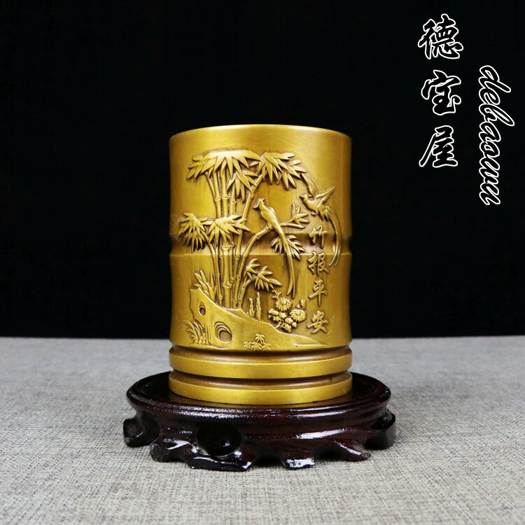 竹报平安铜笔筒 精品商务礼品 办公室桌面收纳盒简约风格摆件