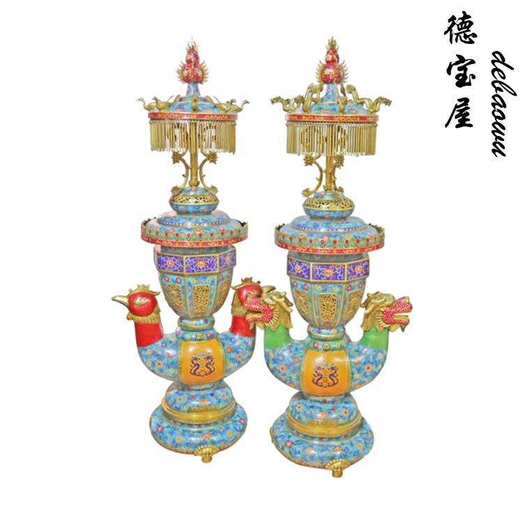 掐丝珐琅彩神社灯纯铜龙凤宫灯摆件大号供灯供佛长明灯景泰蓝一对