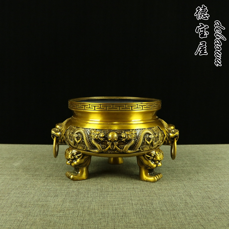 铜香炉纯铜仿古三足鼎香炉二龙戏珠炉家用室内上香供奉摆件大号