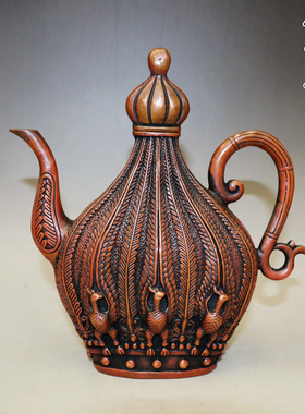 仿古风镀紫铜孔雀开屏水壶工艺品