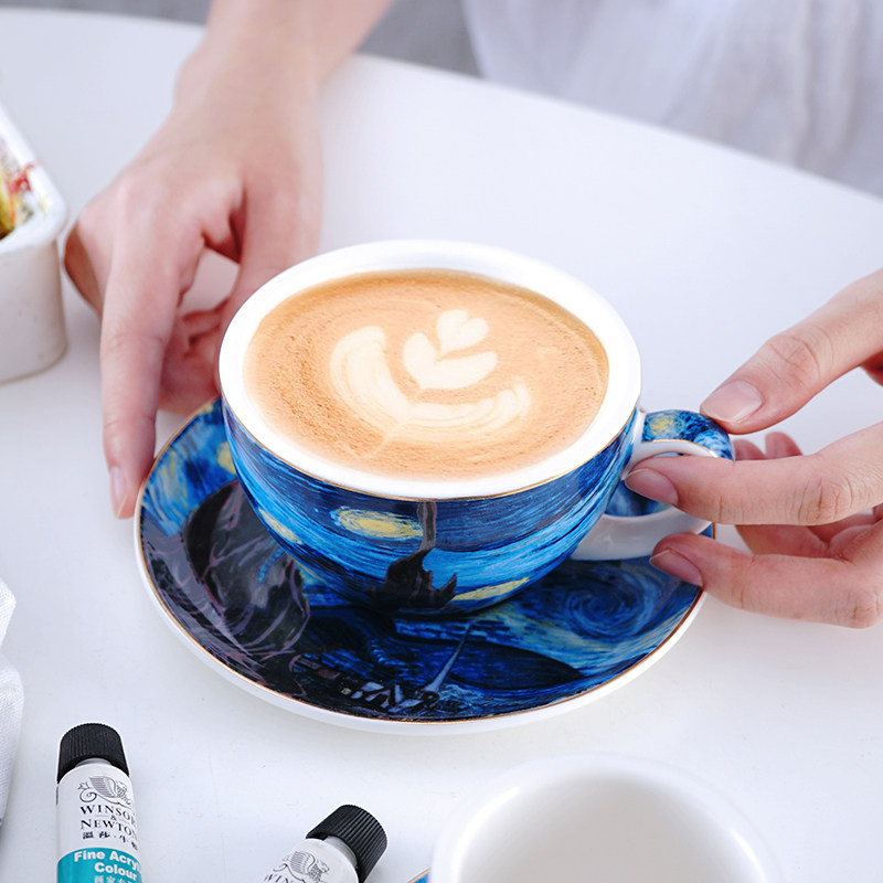 梵高星空欧式小奢华轻奢咖啡杯套装拿铁拉花杯卡布杯下午茶马克杯