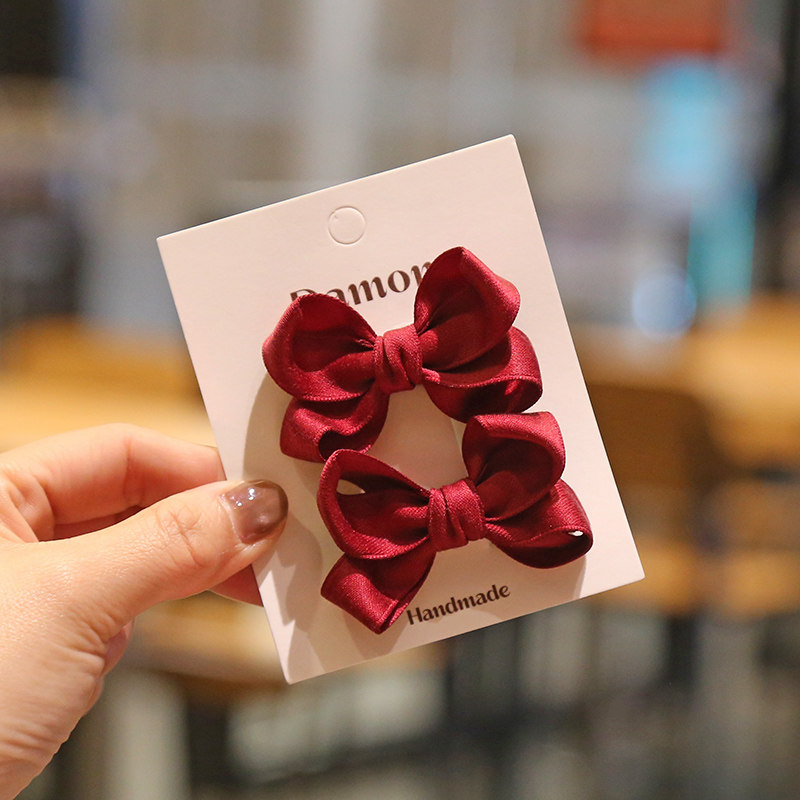 儿童发夹手工蝴蝶结酒红色发卡对夹小女孩头饰全包布鸭嘴夹发饰