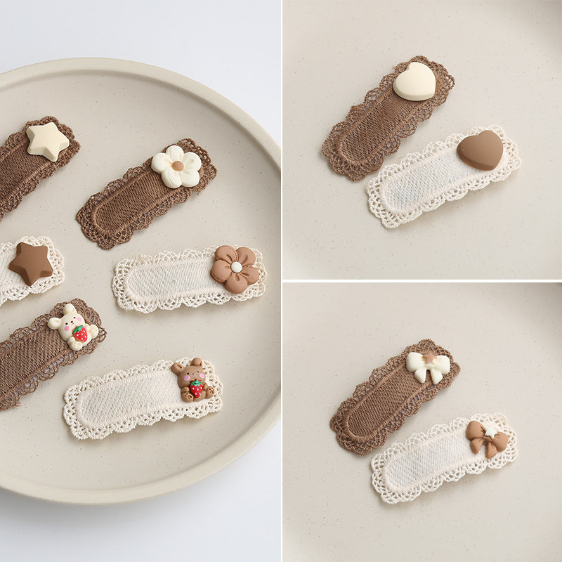 儿童发饰可爱奶茶色针织花边发夹女童头饰宝宝发卡卡通刘海夹女孩