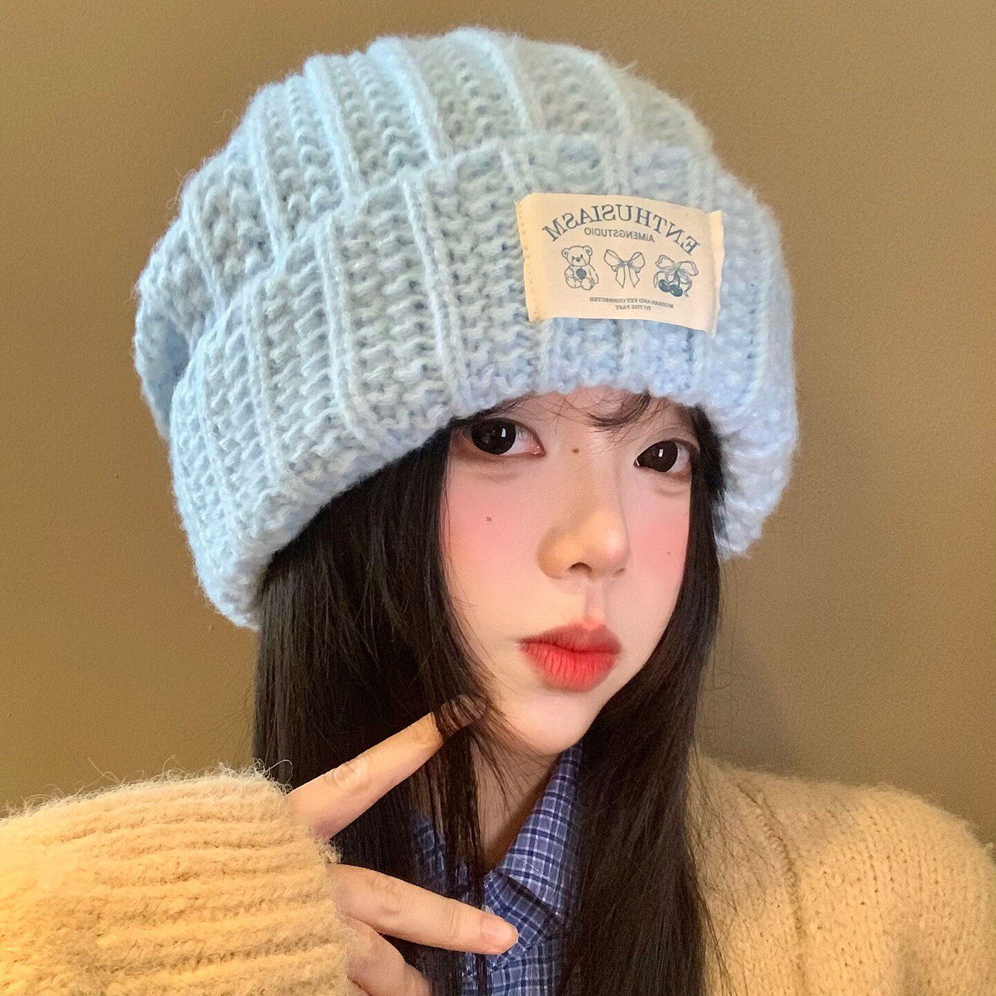蓝色毛线帽女秋冬季韩版百搭显脸小毛线帽大头围宽松保暖堆堆