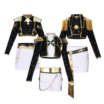 kpop猎魔女团cos服儿童Rumi鲁米Mila米拉Zoey佐伊黑金亮片打歌服