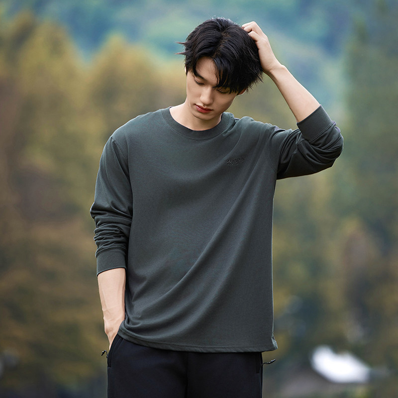 拓路者纯棉圆领长袖T恤男春新款潮牌打底衫顺色绣花休闲宽松卫衣