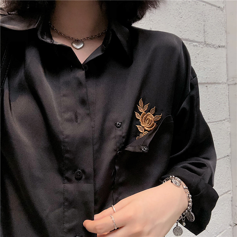 Black Pocket Rose Embroidery Long Sleeve Shirt