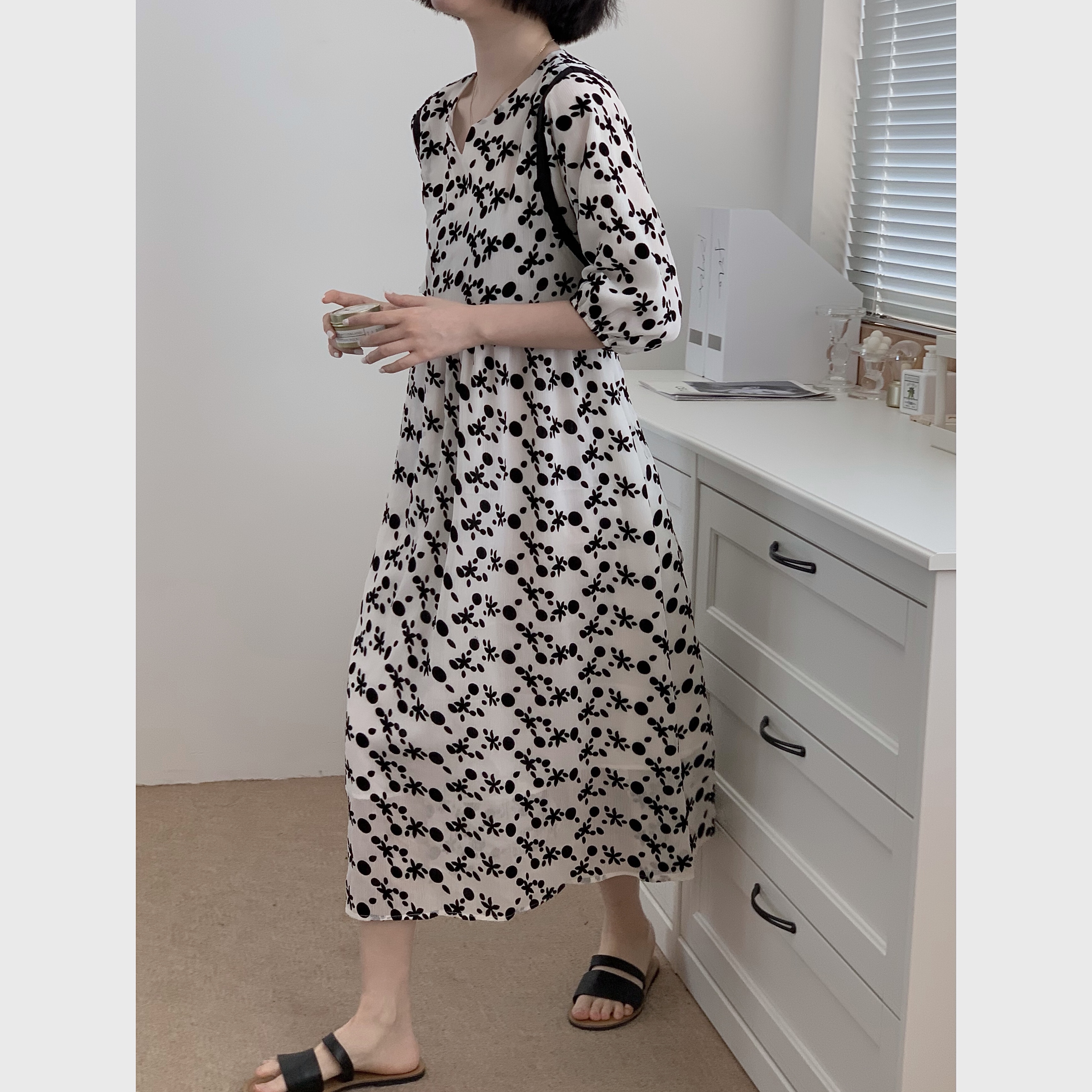 Real price French foam sleeve flocking floral dress with folded waist