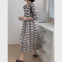 Real price French foam sleeve flocking floral dress with folded waist