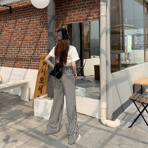 Real price black and white striped wide leg pants elastic waist straight tube long leg pants pocket casual pants women