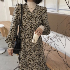 Real price drawstring waistband Leopard Dress Chiffon Skirt breasted V-neck mid length skirt