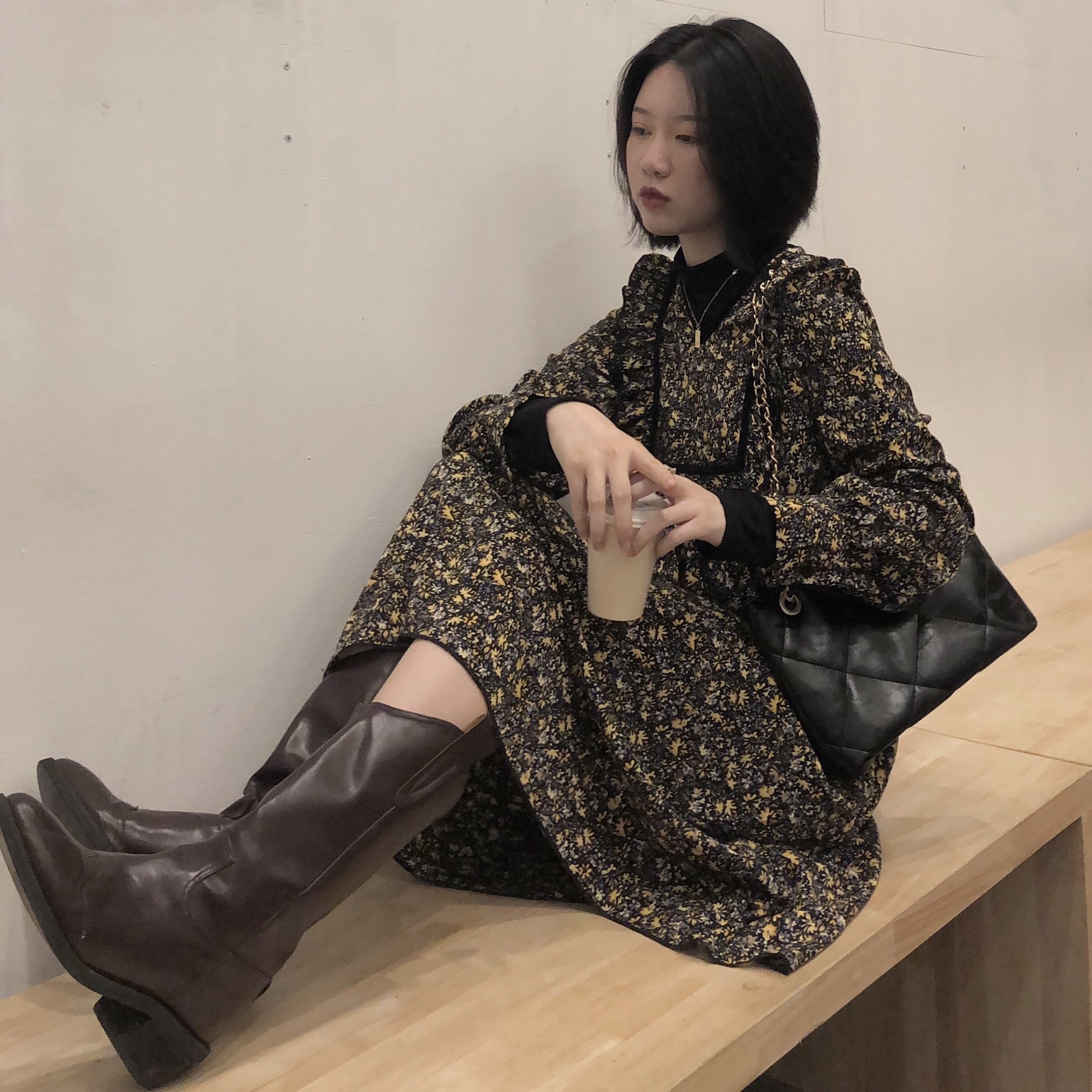 Real price high waist show thin medium length dress casual floral skirt waist A-line skirt