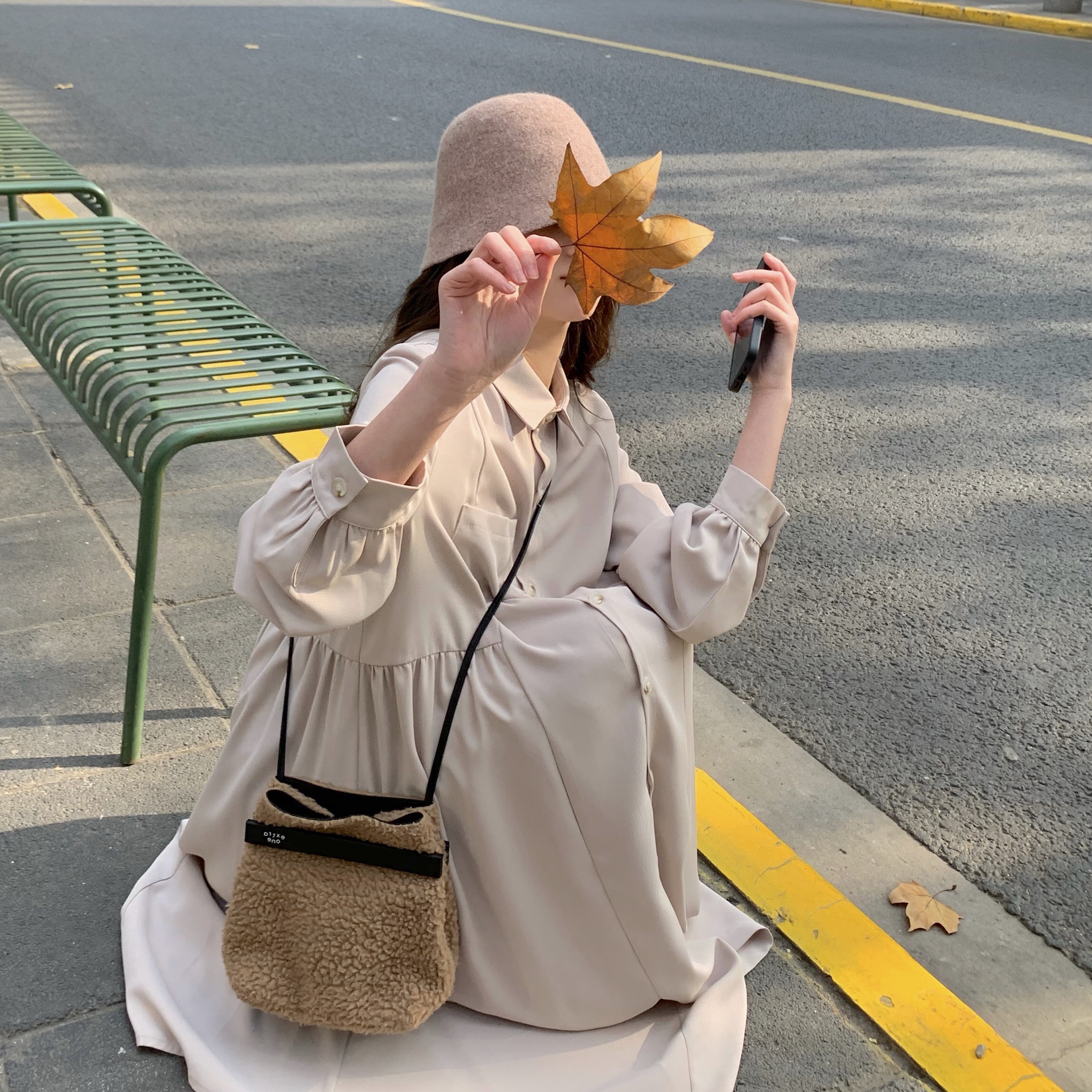 Real price loose swing temperament stripe lantern sleeve shirt collar long dress