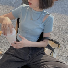 實拍實價 夏季純色不規則破洞立領短袖修身上衣顯瘦T恤女