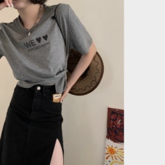 Real price summer short sleeve round neck T-shirt women's short love printing irregular thin top