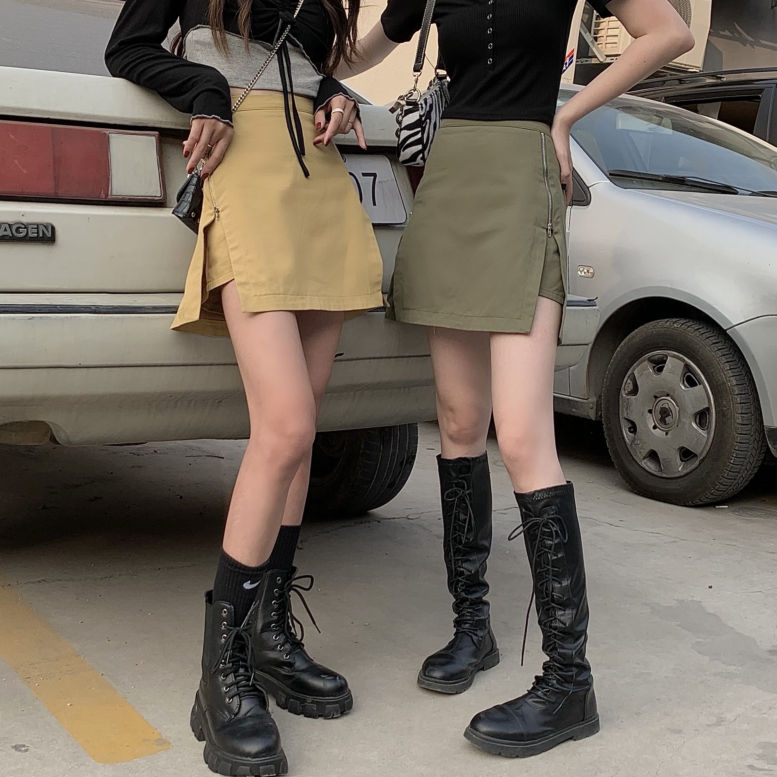 Real price spring and summer side zipper split skirt