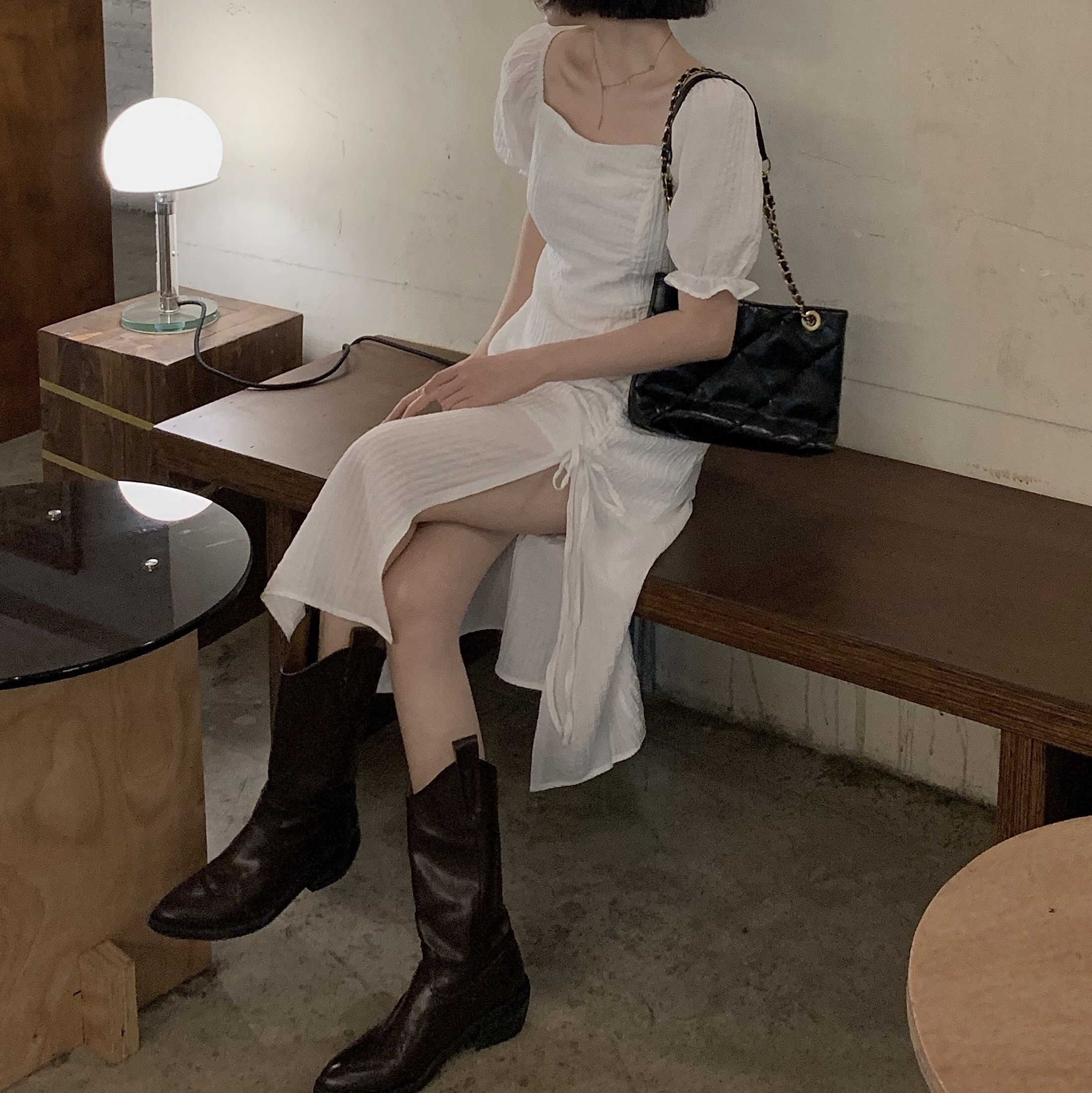 Real price white square neck high waist A-line thin split skirt long dress