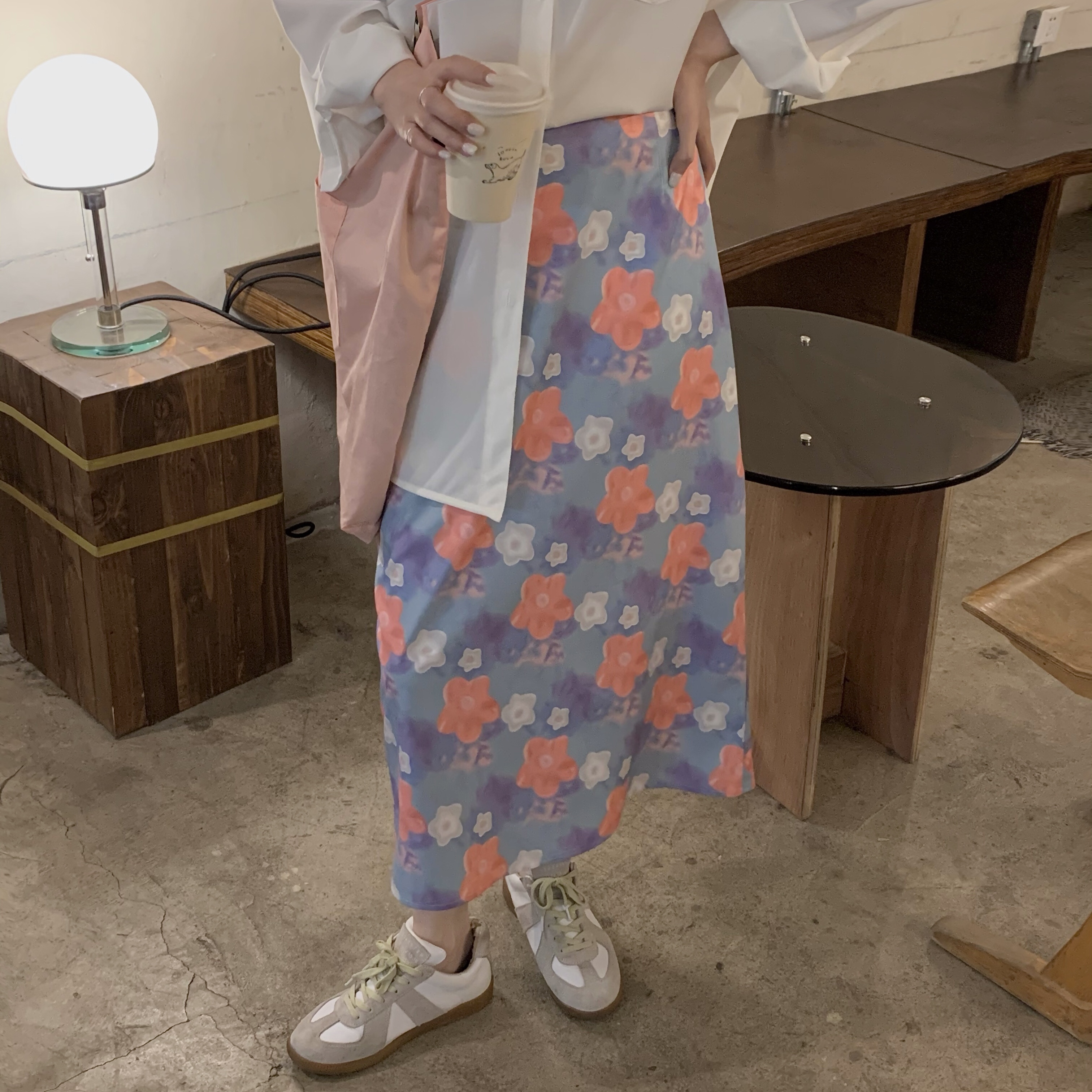 Real price oil painting style floral skirt women's foreign style high waist mid length skirt