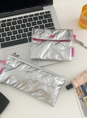 haruharu 自制韩系银色绗缝收纳小包系列化妆包笔袋L包按扣包装