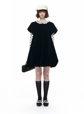 Romance Nanci A字大摆丝绒花苞连衣裙秋冬宽松doll感娃娃裙