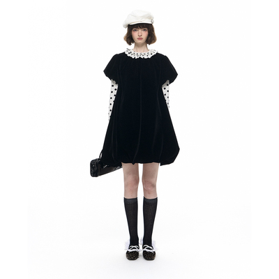 Romance Nanci A字大摆丝绒花苞连衣裙秋冬宽松doll感娃娃裙