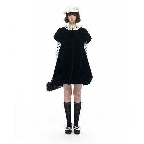 Romance Nanci A字大摆丝绒花苞连衣裙秋冬宽松doll感娃娃裙