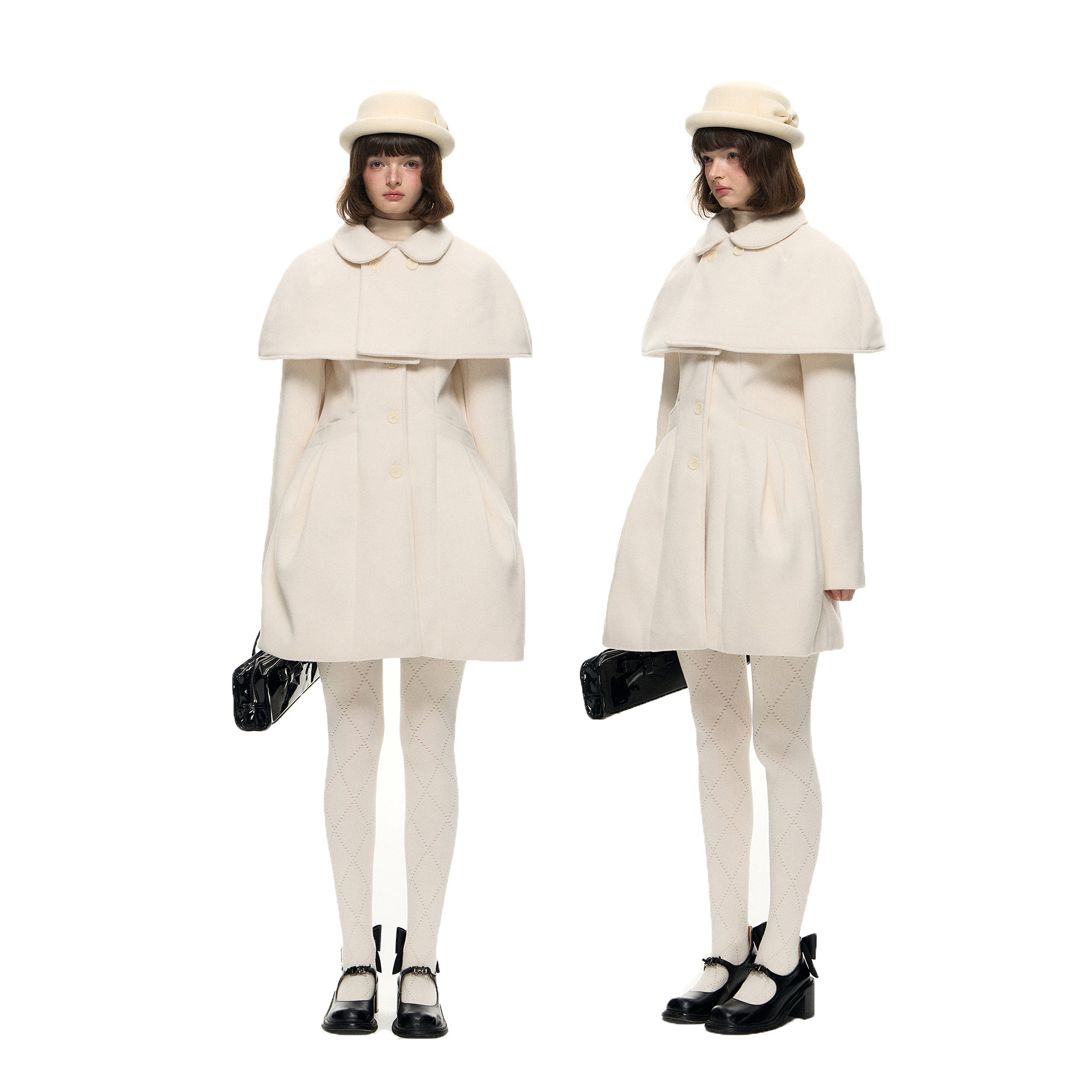 Romance Nanci千金感可拆卸斗篷收腰花苞毛呢大衣娃娃领呢子外套