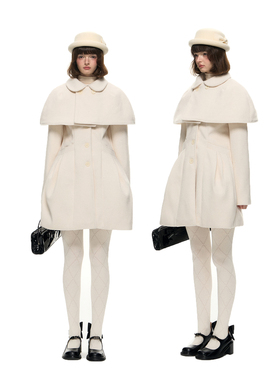 Romance Nanci千金感可拆卸斗篷收腰花苞毛呢大衣娃娃领呢子外套